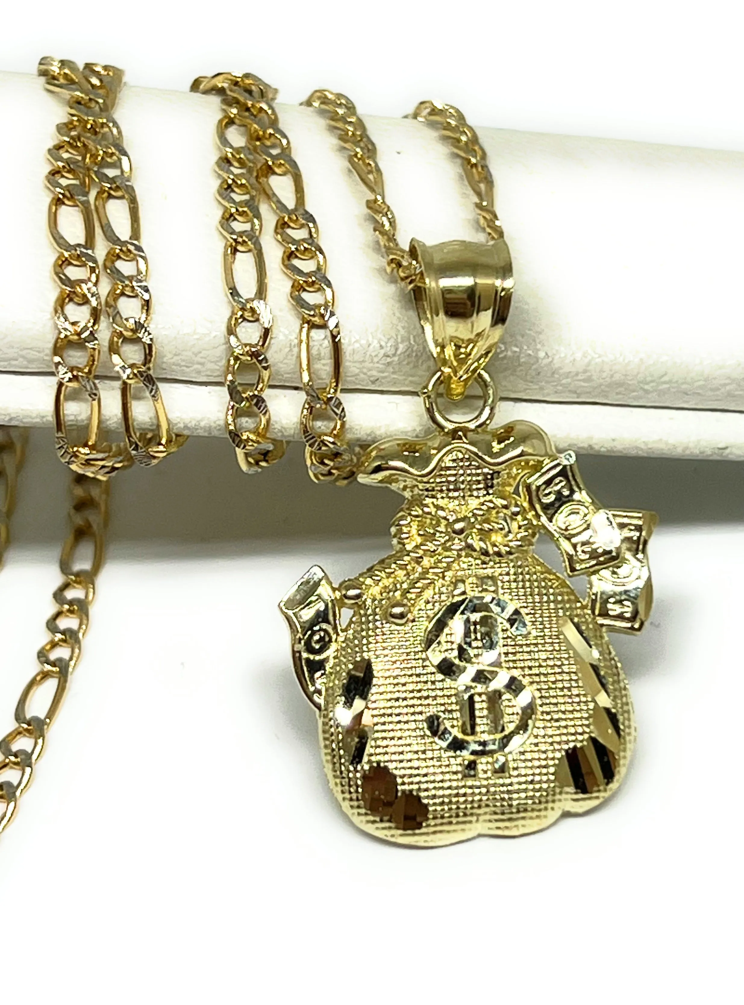 10k Solid Money Bag Dollar Sign Pendant Necklace