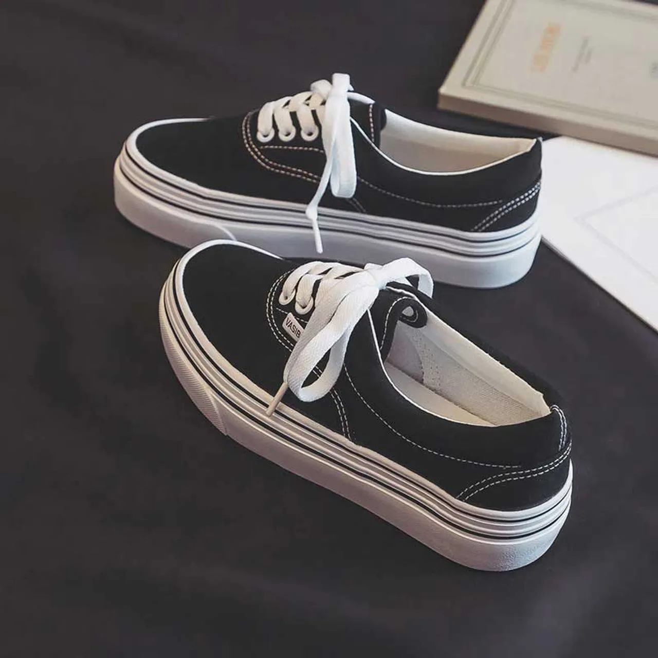 Black casual thread accents canvas shoe sneaker