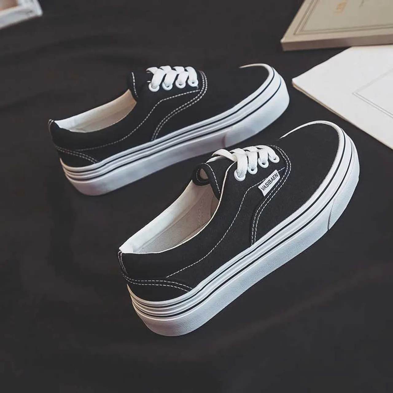 Black casual thread accents canvas shoe sneaker