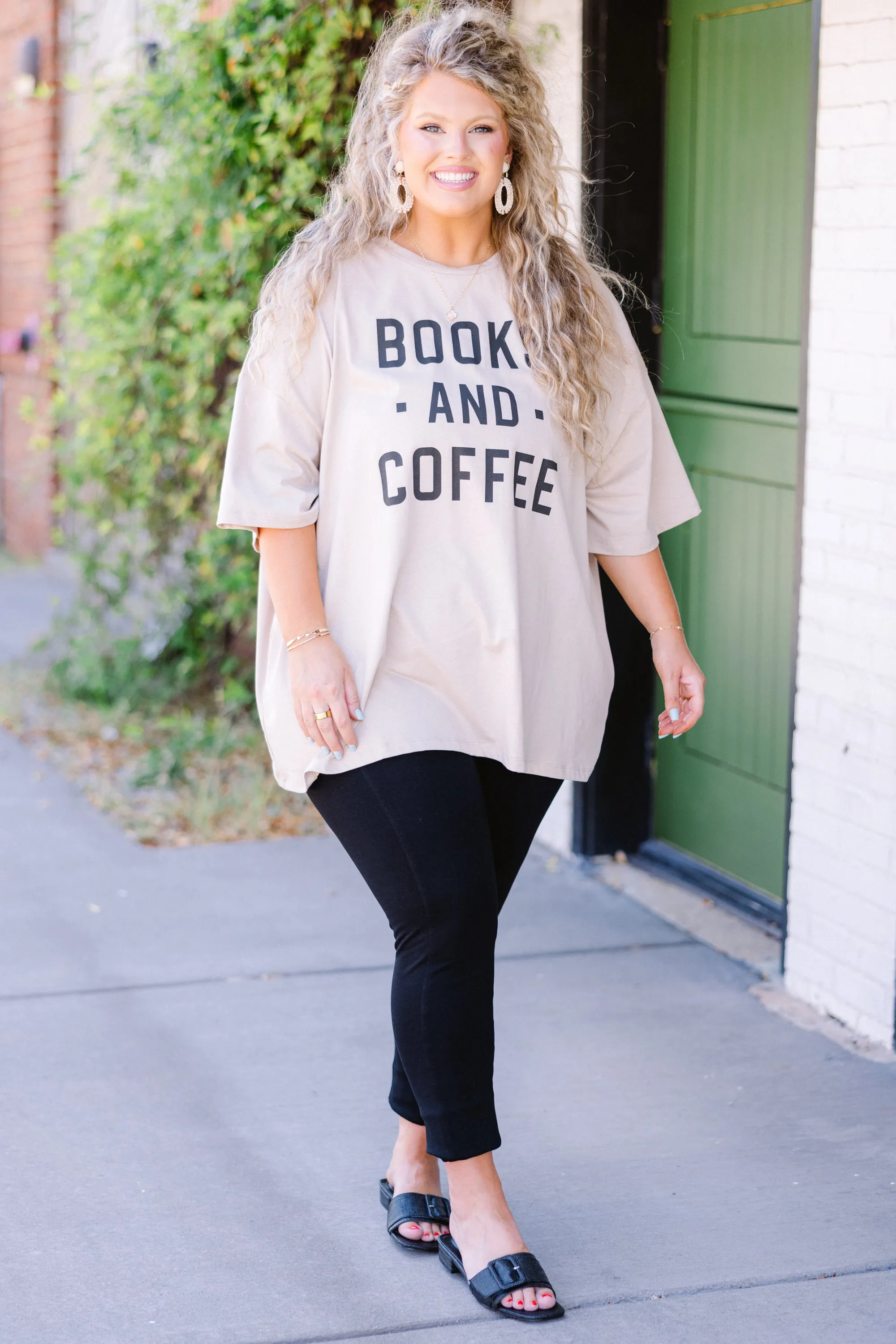 Books And Coffee Boyfriend Tee, Light Mocha