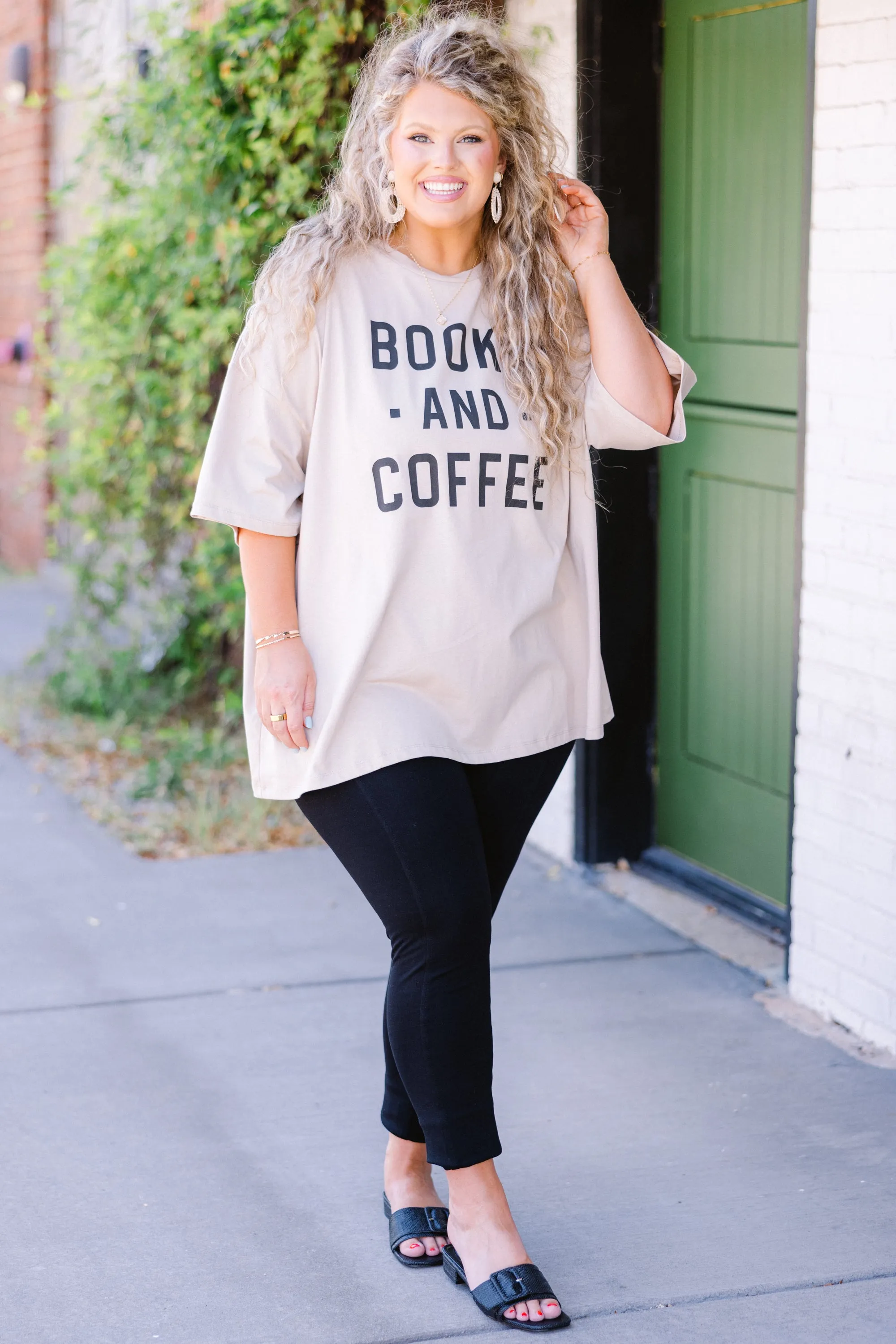 Books And Coffee Boyfriend Tee, Light Mocha