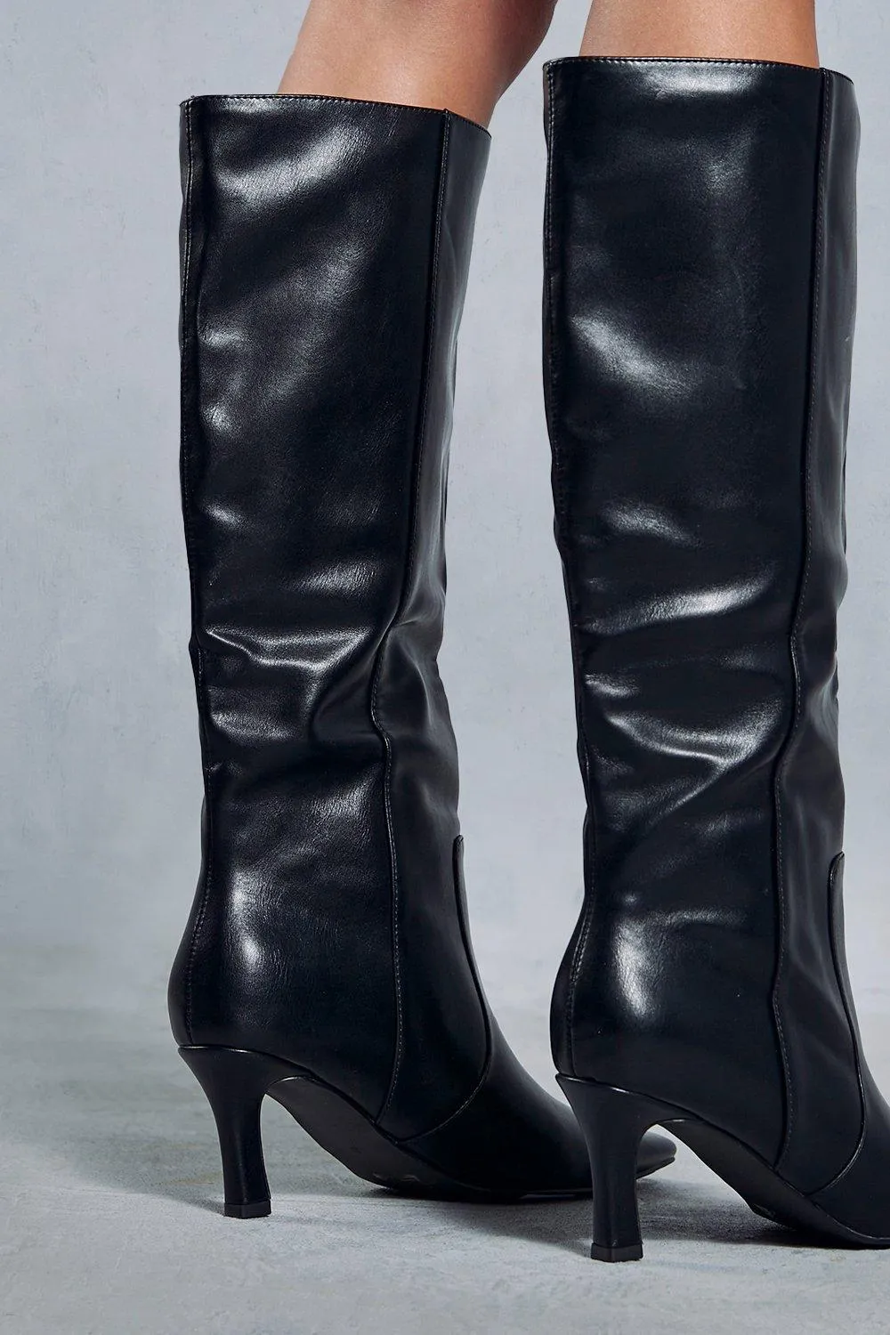 Boots | Leather Look Knee High Low Heel Boots | MissPap