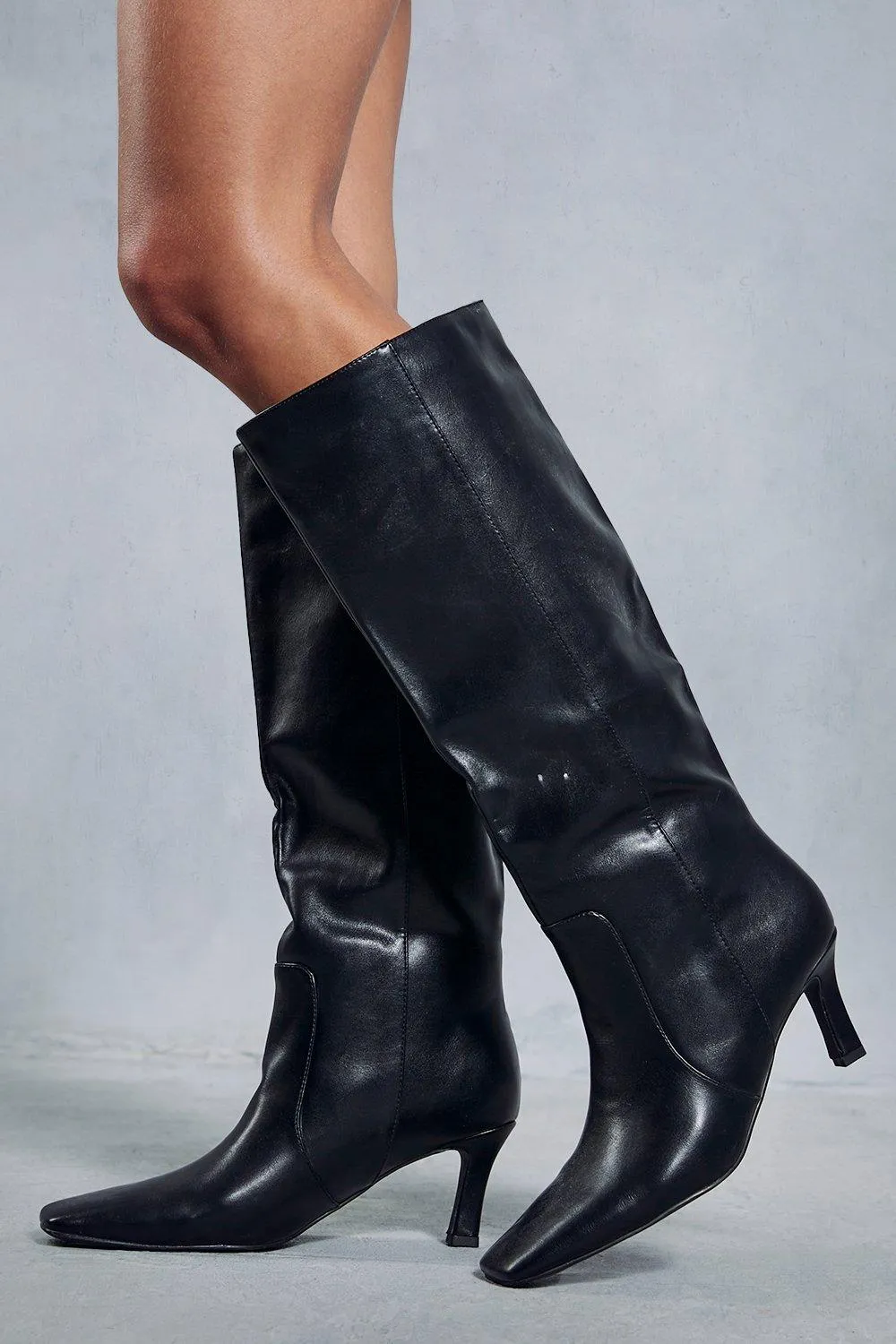 Boots | Leather Look Knee High Low Heel Boots | MissPap