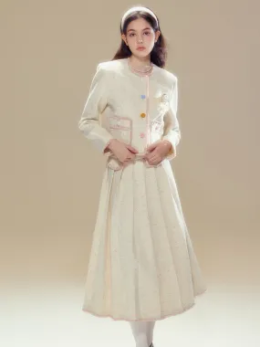 Camellia Contrast Button No Collar Jacket ＆ Pleated Long Skirt