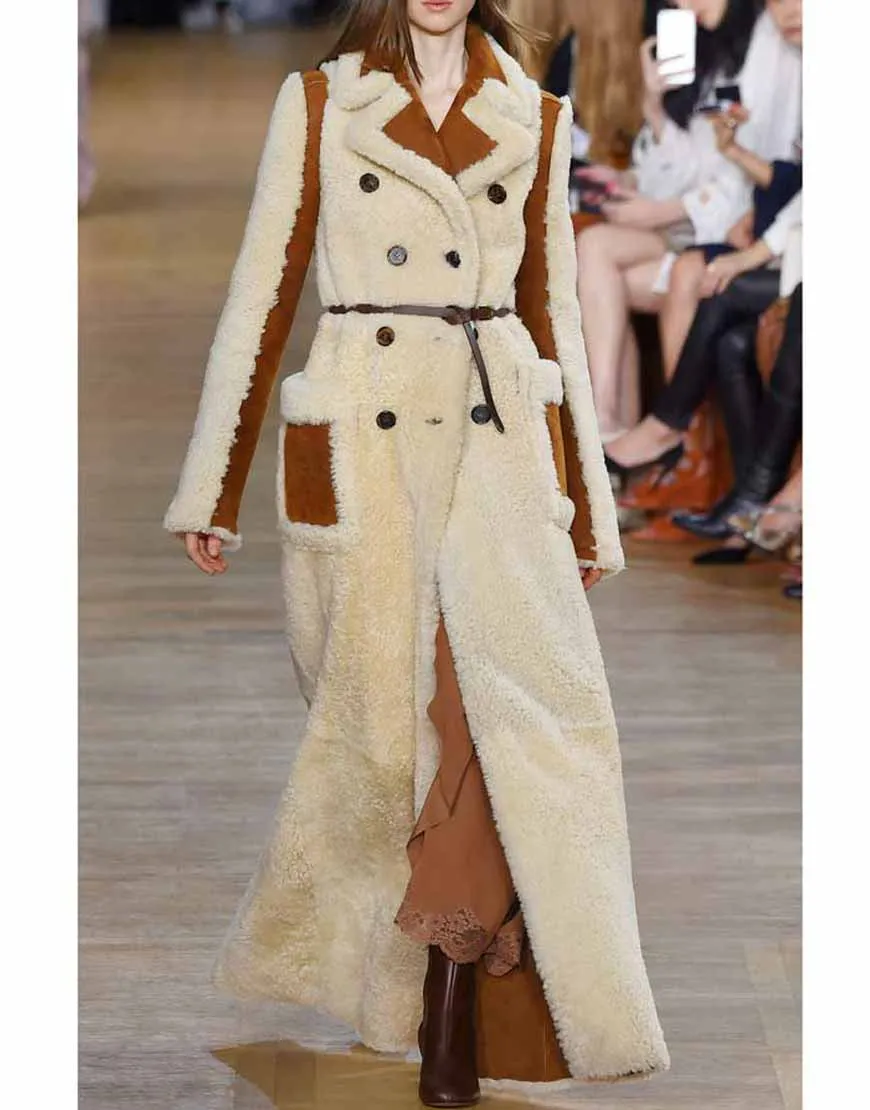 Camila Double-Breasted Shearling Long Coat | ujackets.com