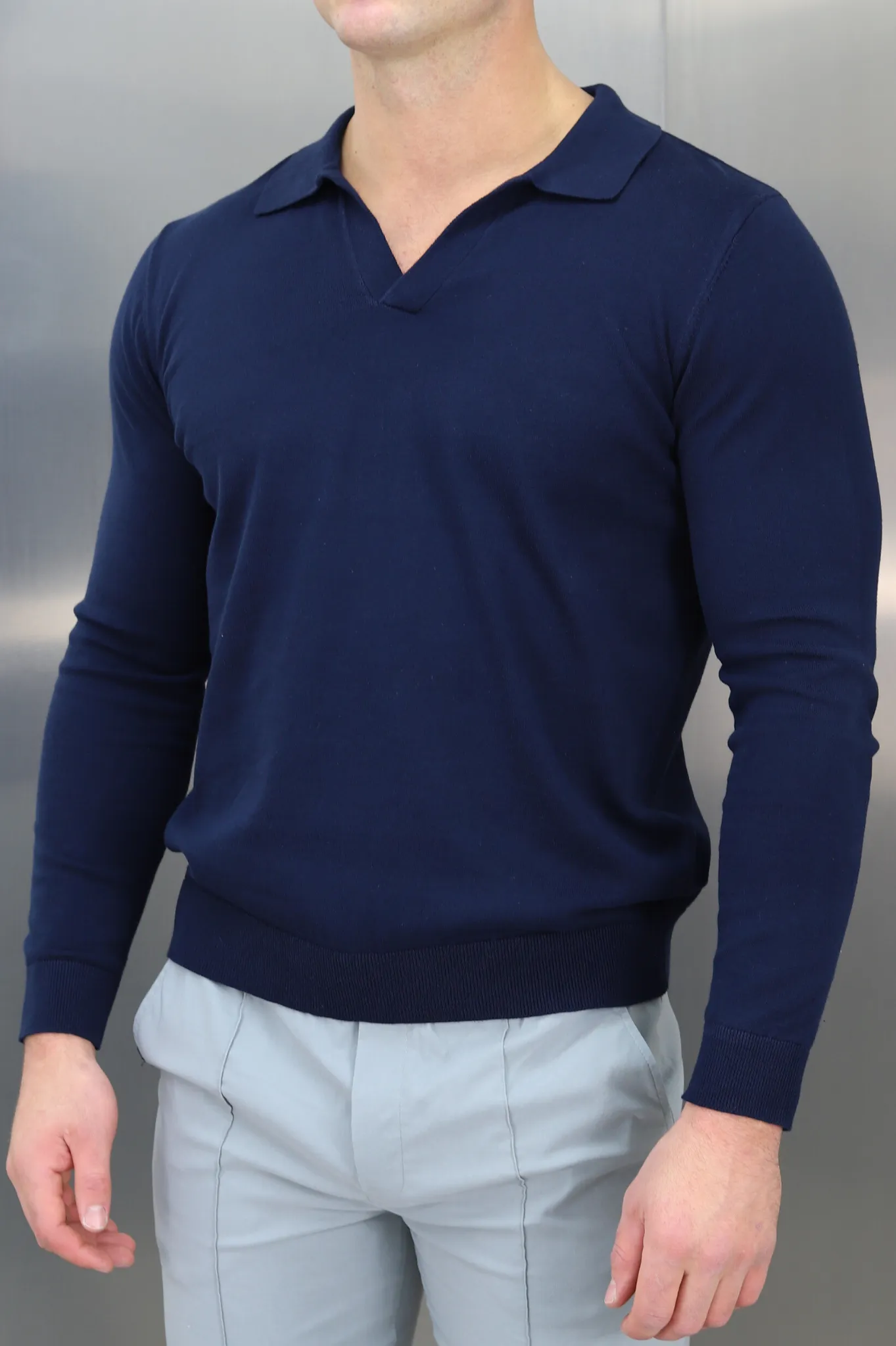 Capo Egyptian Cotton Cuban Collar LS Polo Shirt - Navy