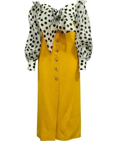 Carolina Herrera Off Shoulder Polka Dot Dress in Yellow Silk