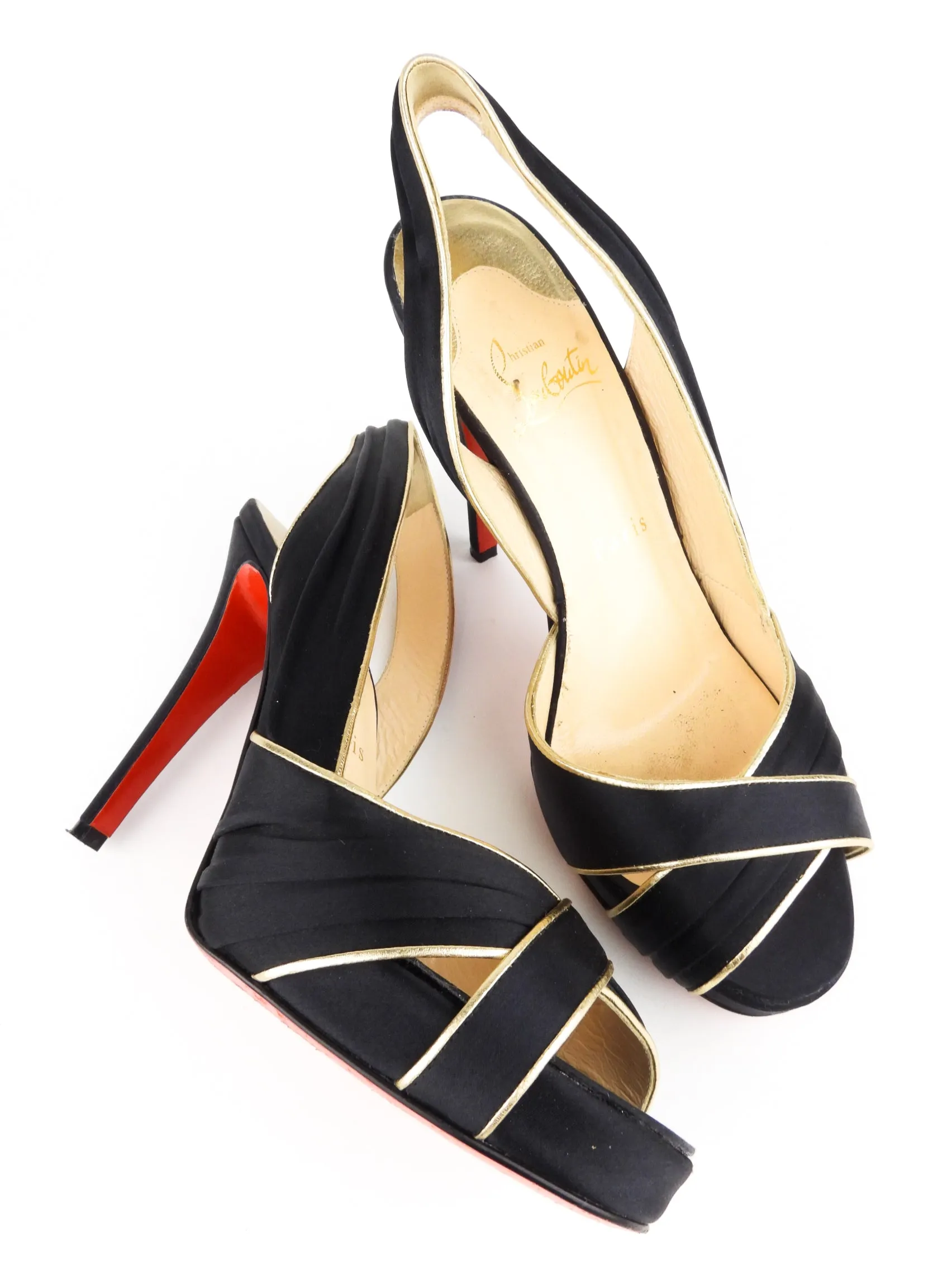 Christian Louboutin Black Satin Gold Trim Stiletto Heel Platform Slingback Sandals - 37.5