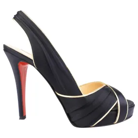 Christian Louboutin Black Satin Gold Trim Stiletto Heel Platform Slingback Sandals - 37.5