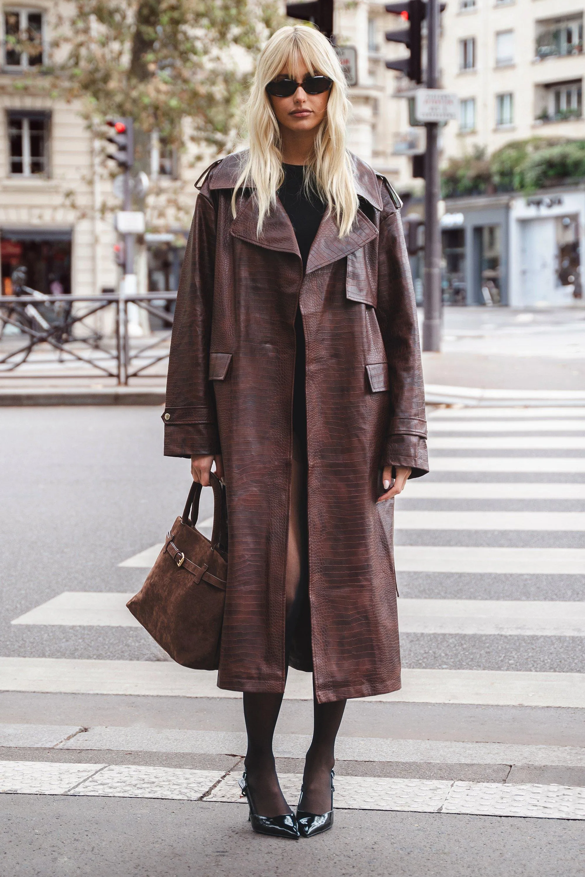 Crocodile Faux Leather Trench Coat