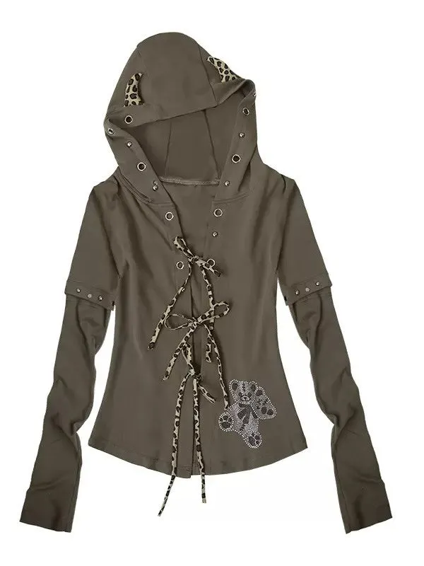 Detachable Hood And Long Sleeves Lace-Up Cutsew