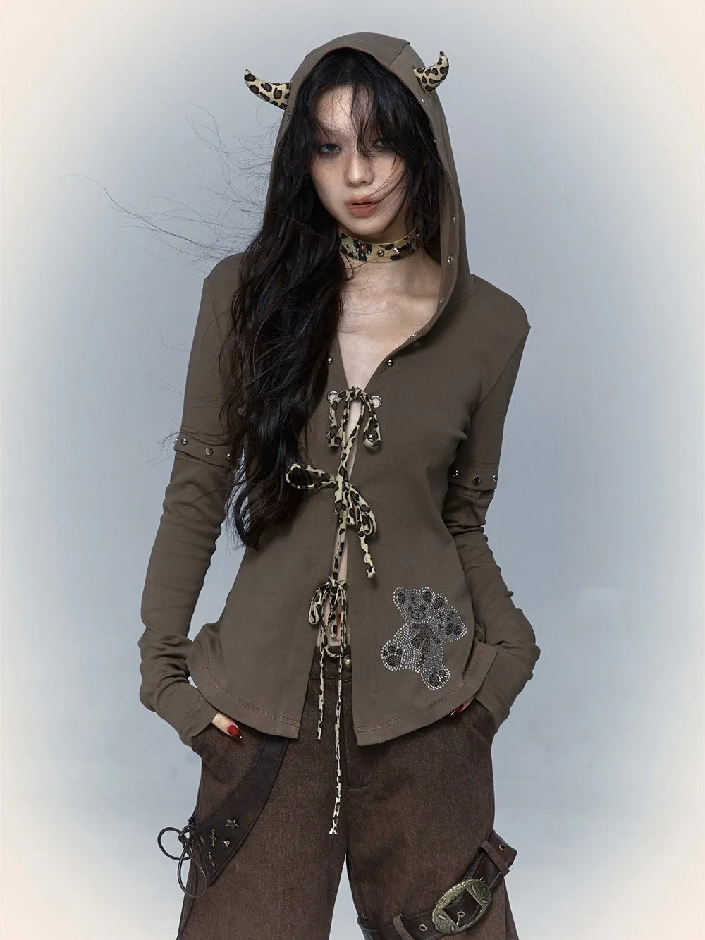 Detachable Hood And Long Sleeves Lace-Up Cutsew