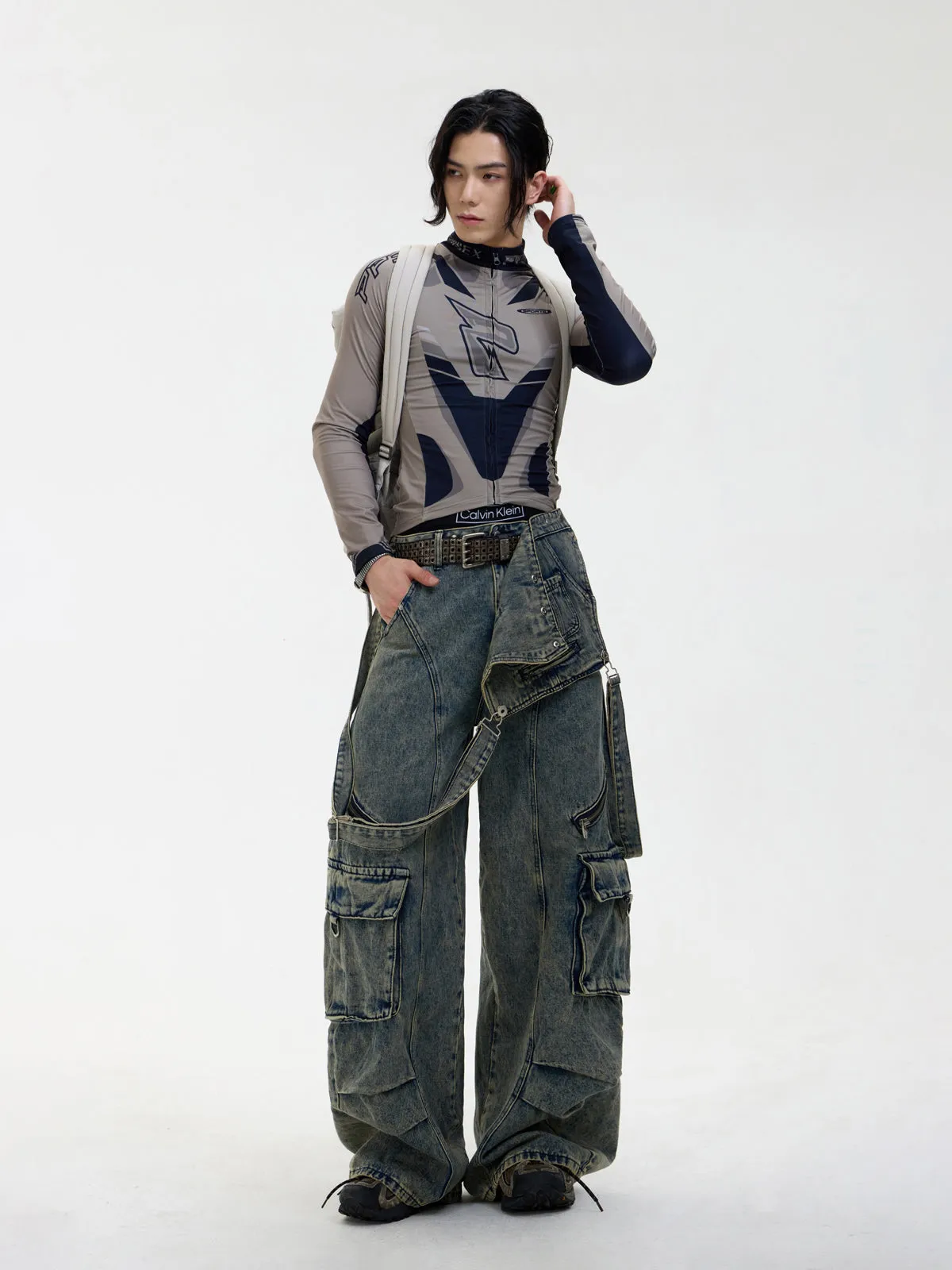 Detachable Suspender Washed Multi-pocket Cargo Jeans