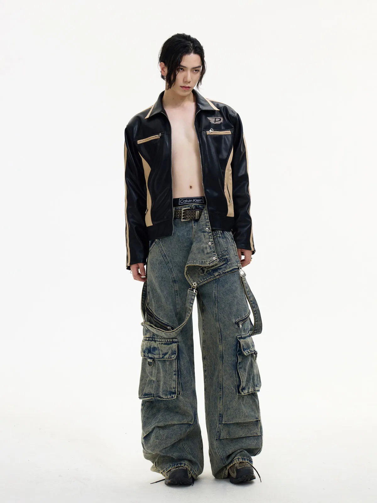 Detachable Suspender Washed Multi-pocket Cargo Jeans