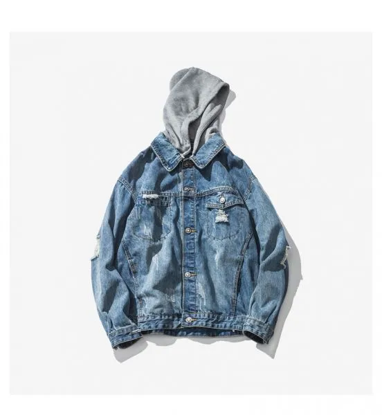 Distressed blue jeans jacket for men with grey cotton hood