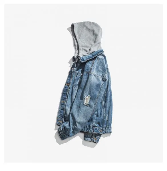 Distressed blue jeans jacket for men with grey cotton hood