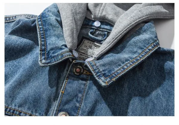 Distressed blue jeans jacket for men with grey cotton hood