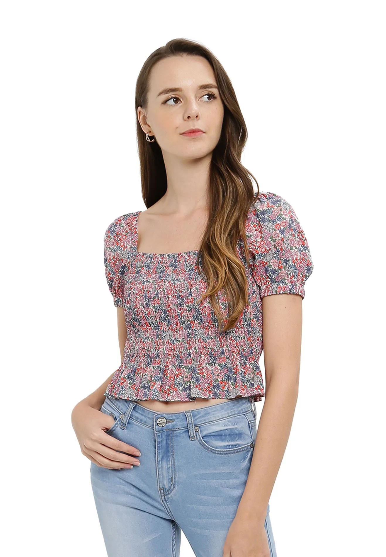 ELLE Apparel Square Neck Floral Print Blouse