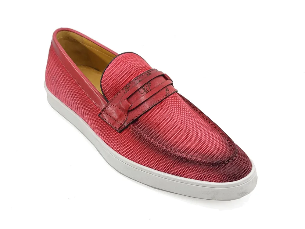 Embossed Leather Strap Linen Sneaker