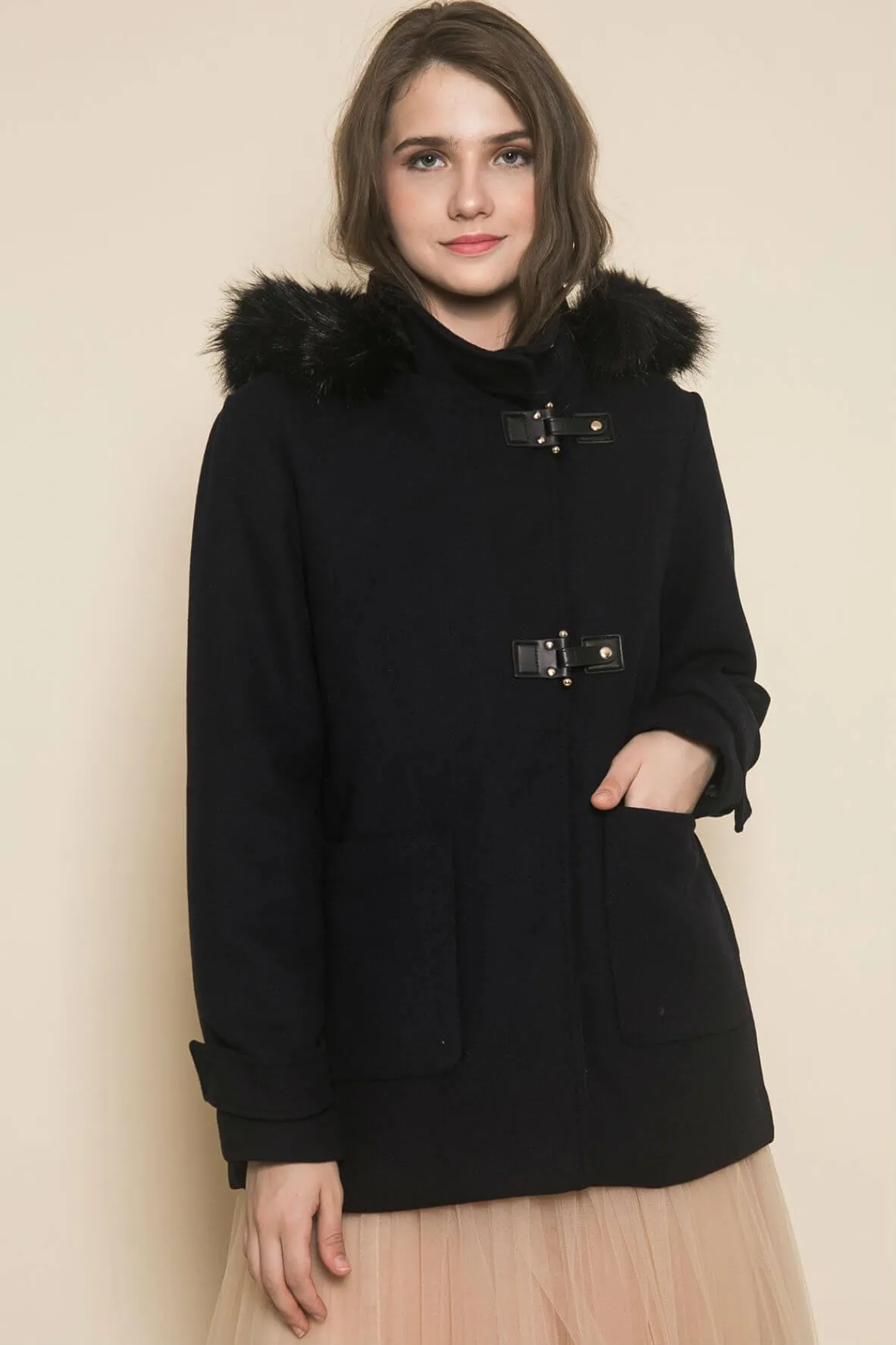 Faux Fur Hooded Wool Coat