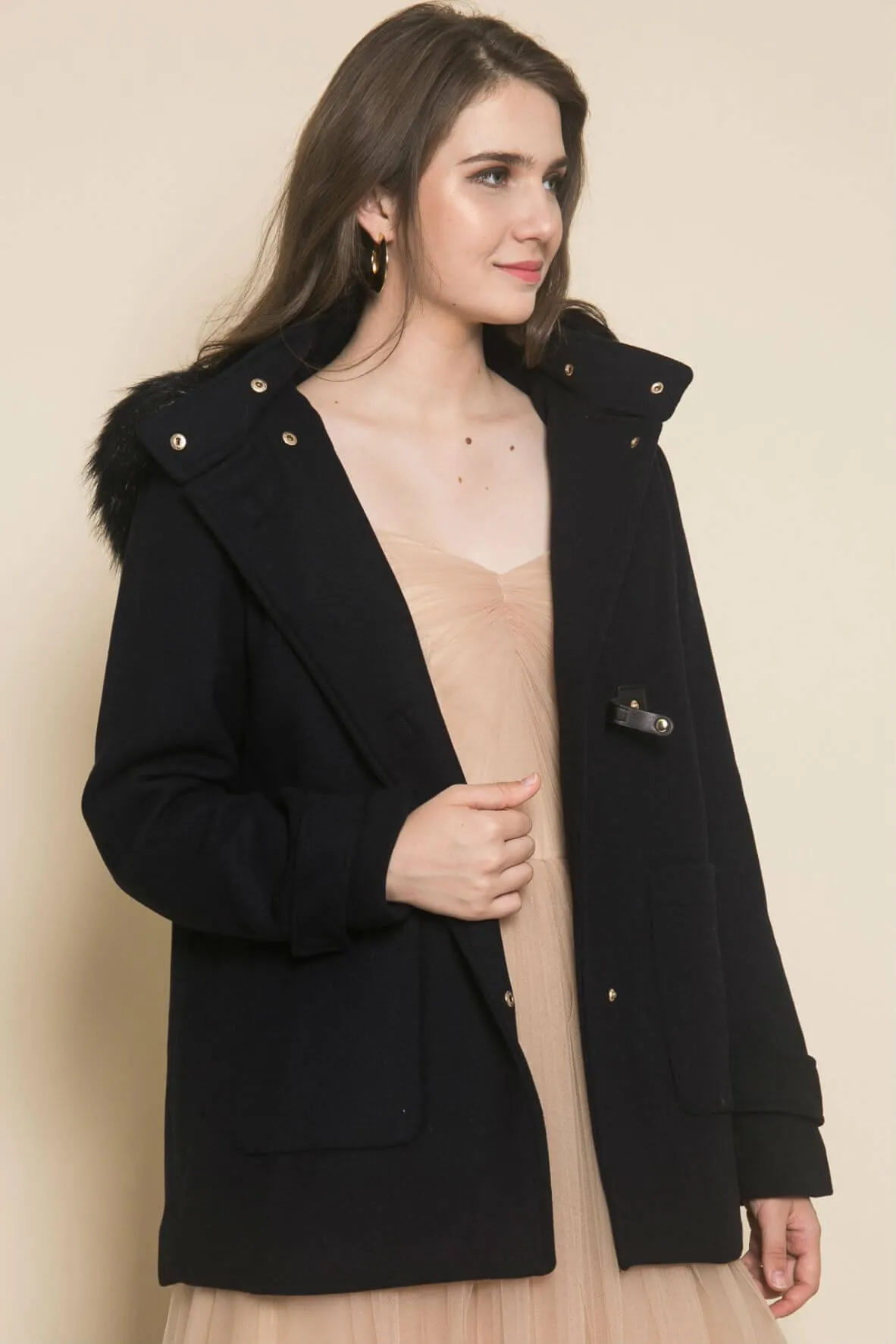 Faux Fur Hooded Wool Coat