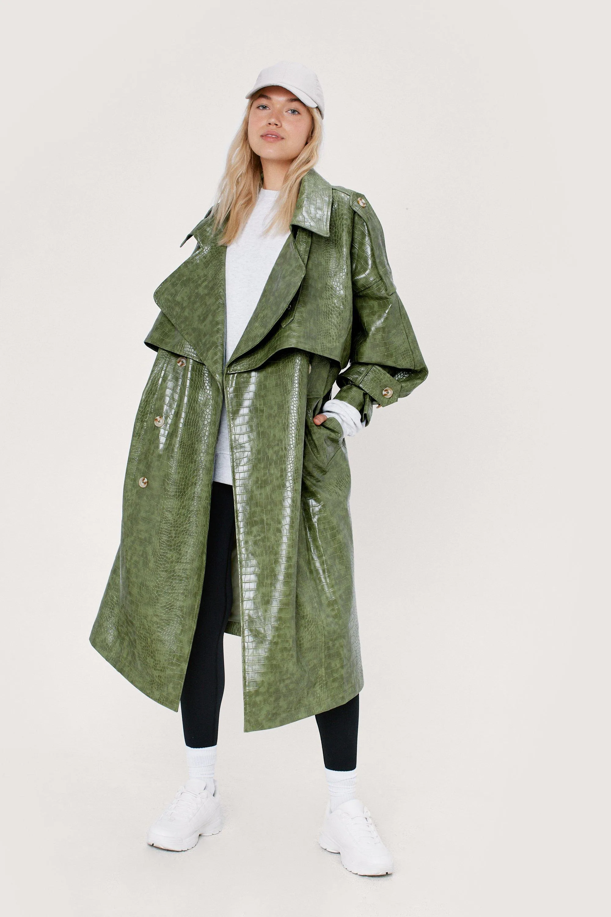 Faux Leather Croc Print Oversized Trench Coat