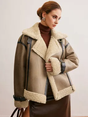 Faux Leather Zipper Teddy Coat