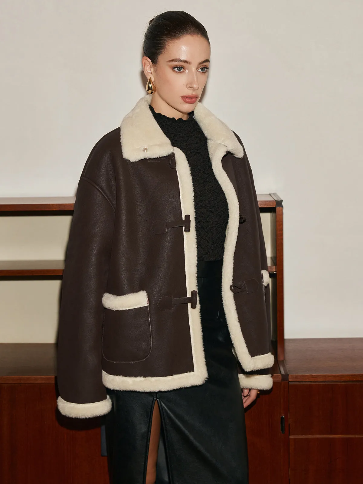 Fleece Lined Faux Leather Lapel Coat