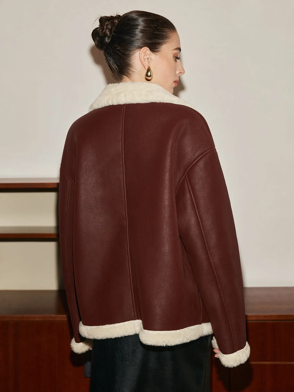 Fleece Lined Faux Leather Lapel Coat