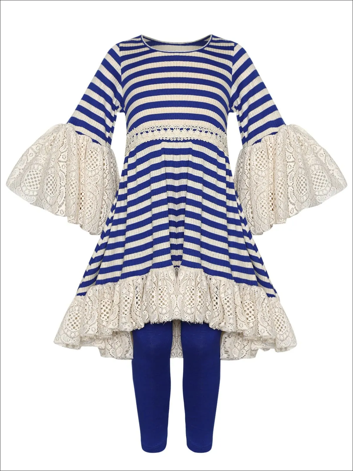 Girls Ruffled Boho Sleeve Hi-Lo Lace Tunic And Legging Set