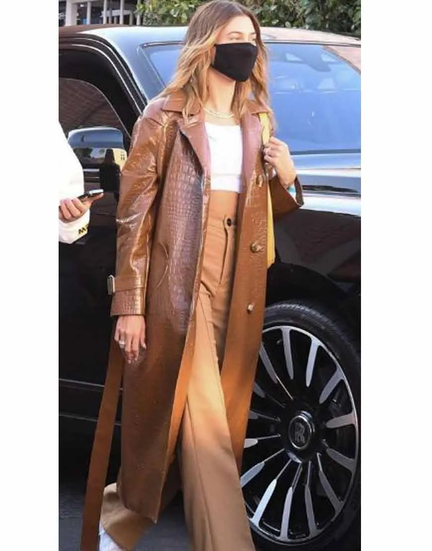 Hailey Bieber Brown Leather Coat | Trench Coat | Ujackets.com - 40%OFF