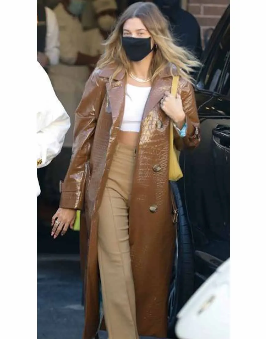 Hailey Bieber Brown Leather Coat | Trench Coat | Ujackets.com - 40%OFF