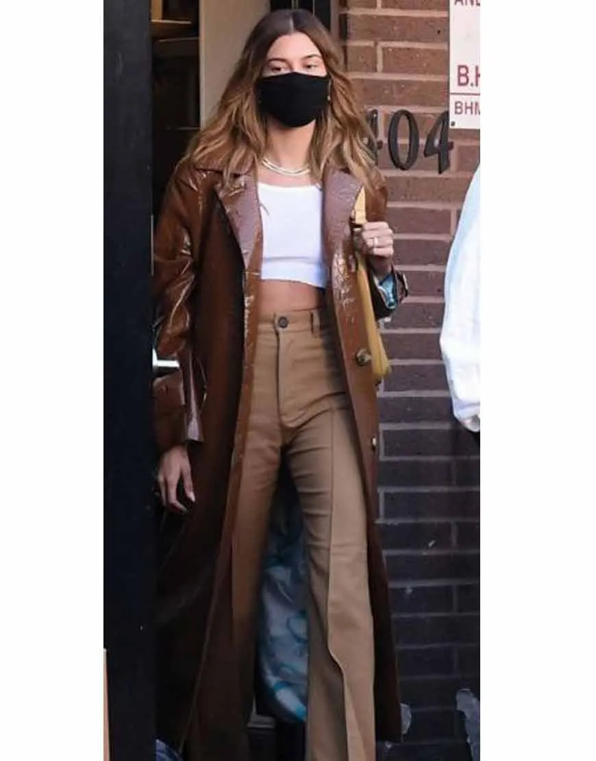 Hailey Bieber Brown Leather Coat | Trench Coat | Ujackets.com - 40%OFF