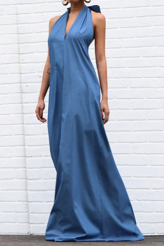 Halter Neck Denim Maxi Dress