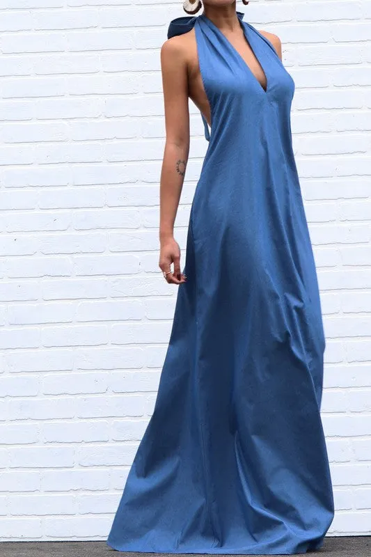 Halter Neck Denim Maxi Dress