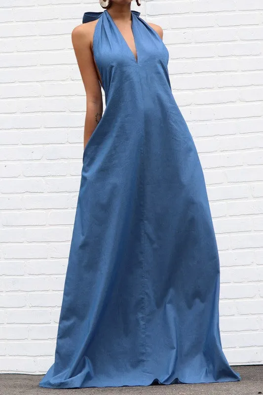 Halter Neck Denim Maxi Dress