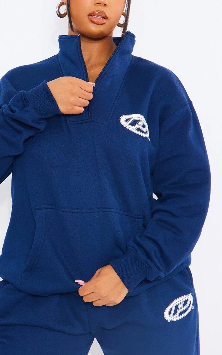 Hoodies & Sweatshirts | Plus Navy P Badge Half Zip Sweater | PrettyLittleThing