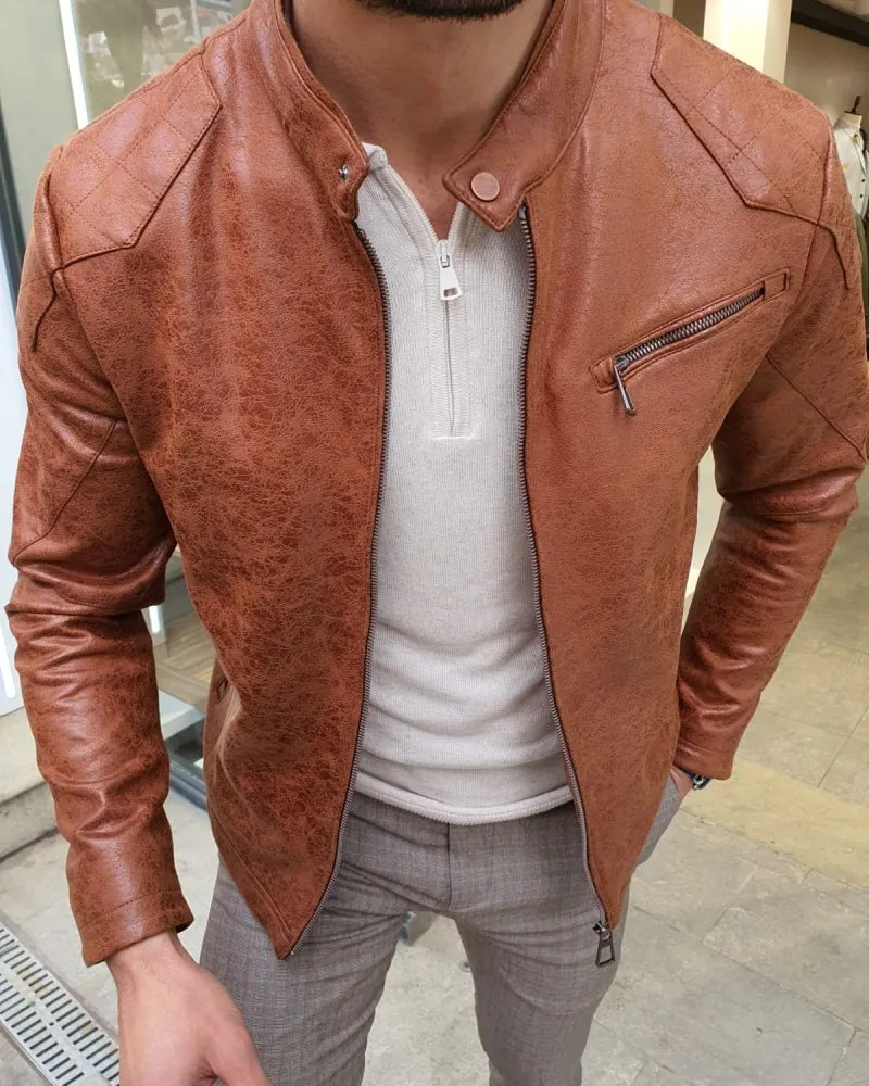 Lerno Camel Slim Fit Suede Leather Zipper Coat