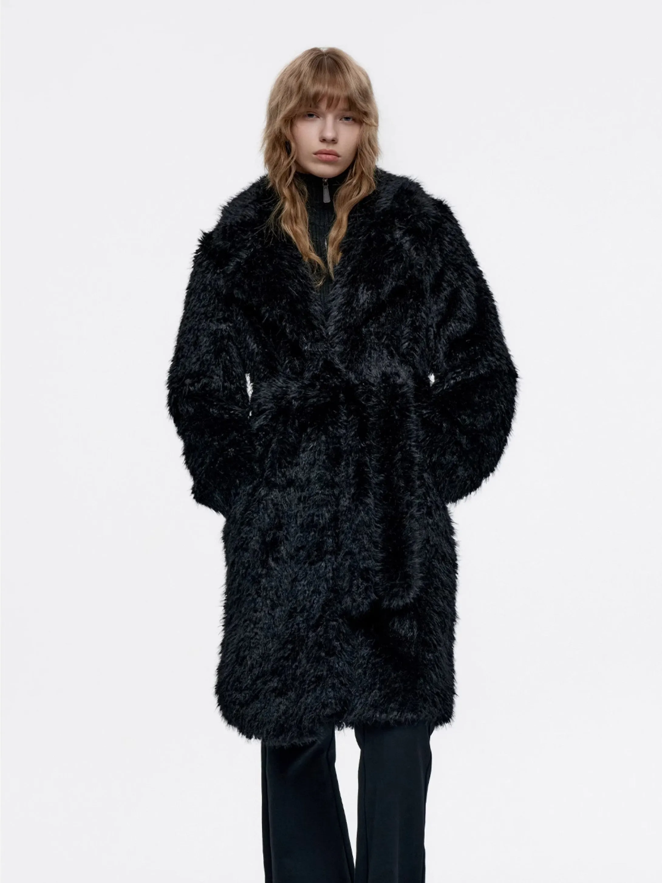 Long Fluffily Retro Plain High-End Plain Boa-Coat