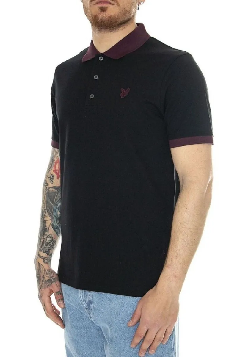 Lyle & Scott Tonal Ringer Short Sleeve Polo Shirt Jet Black/Burgundy