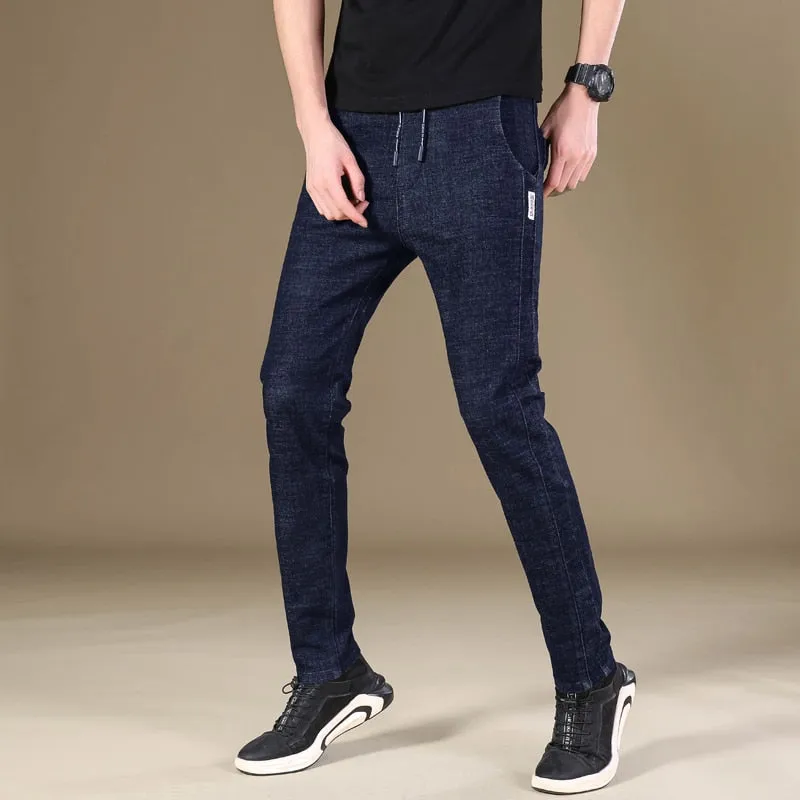 Men's Casual Denim Winter Warm Elastic Skinny Straight Leg Trousers