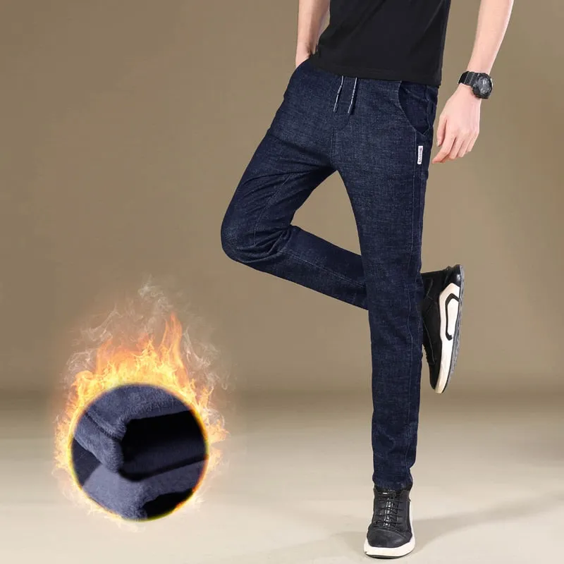 Men's Casual Denim Winter Warm Elastic Skinny Straight Leg Trousers