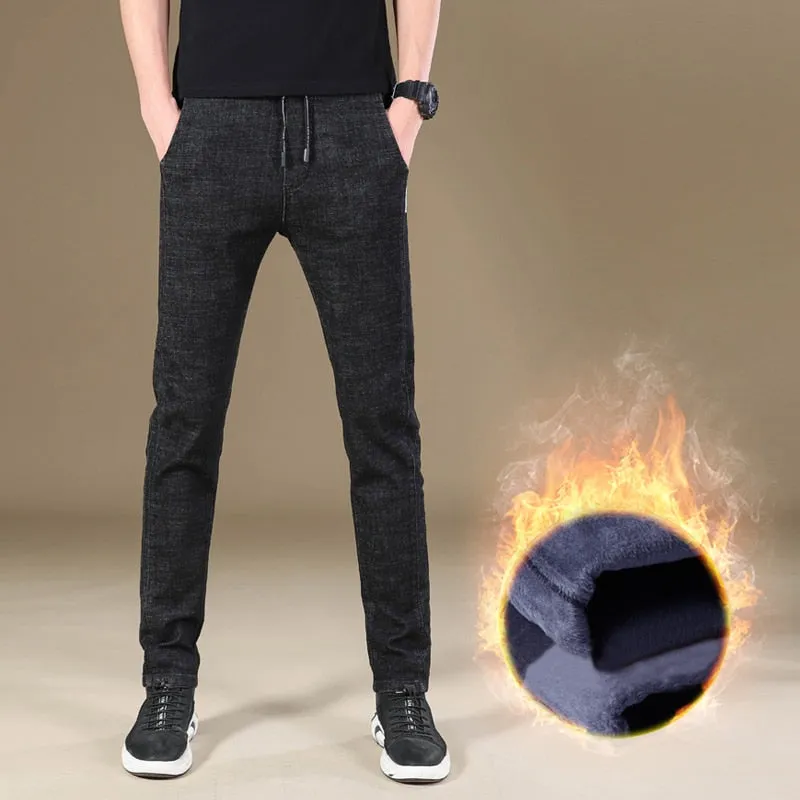 Men's Casual Denim Winter Warm Elastic Skinny Straight Leg Trousers