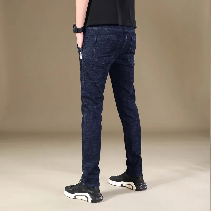 Men's Casual Denim Winter Warm Elastic Skinny Straight Leg Trousers