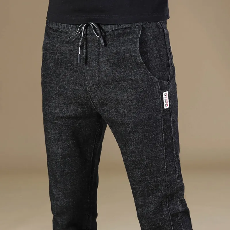 Men's Casual Denim Winter Warm Elastic Skinny Straight Leg Trousers