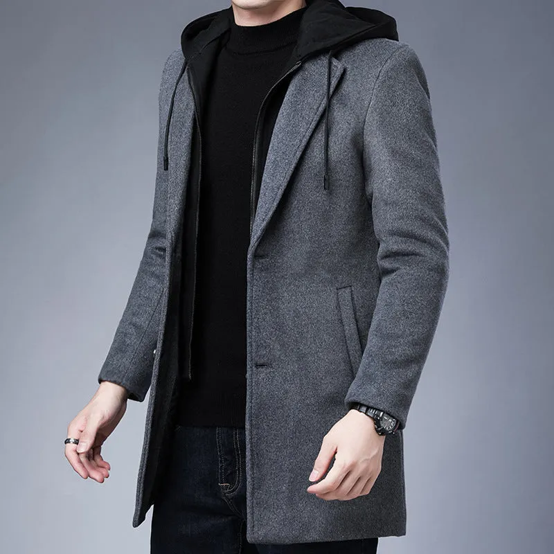 Mens Detachable Hooded Woolen Winter Coat