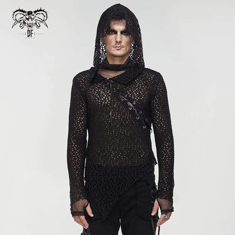 Men's Gothic Strappy Irregular Mesh Shirt with Hood