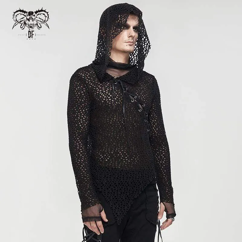 Men's Gothic Strappy Irregular Mesh Shirt with Hood