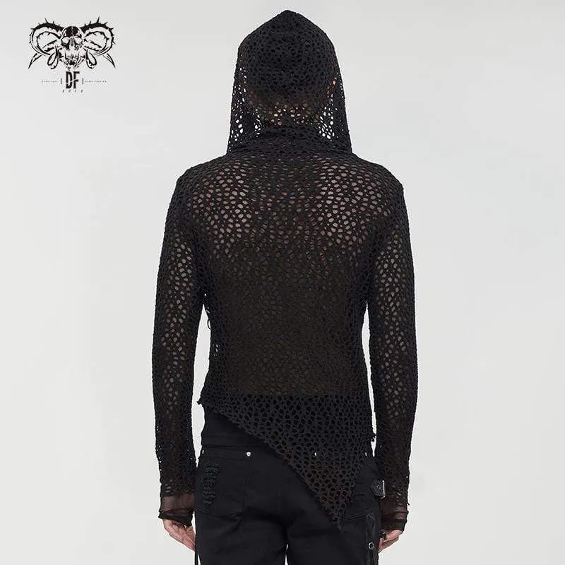 Men's Gothic Strappy Irregular Mesh Shirt with Hood