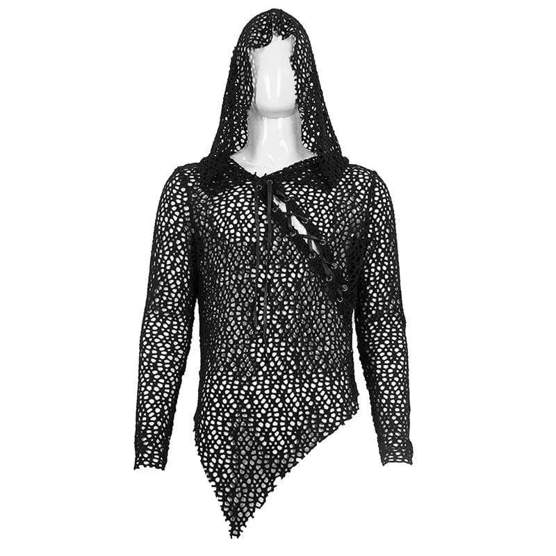 Men's Gothic Strappy Irregular Mesh Shirt with Hood